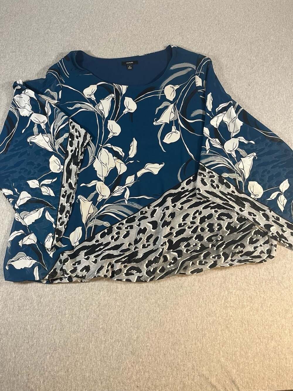 Alfani Blue Floral Animal Print Elastic Hem Waistband Blouse, Women’s 2X